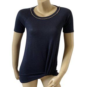 JUICY COUTURE Womens Size XS Navy Blue Sweater Knit Rhinestone Ruched Shirt